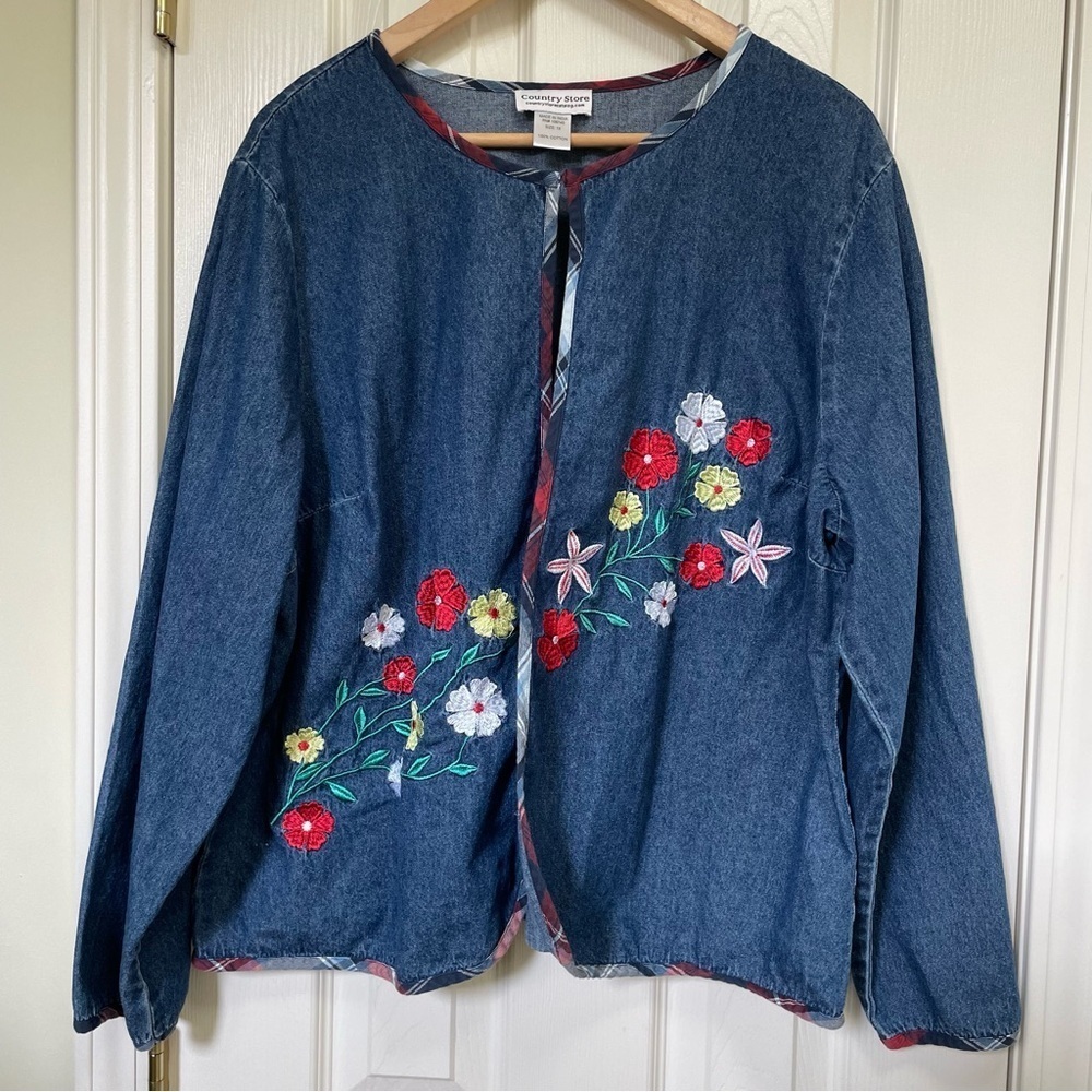 Country Store Embroidered Denim Cardigan Jacket Plaid Trim Floral Size 1X Cotton